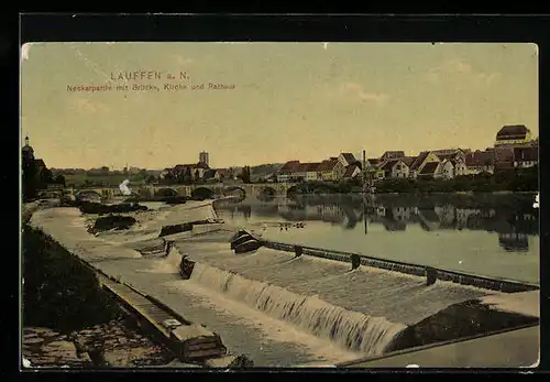 AK Lauffen a. N., Neckarpartie mit Brücke, Kirche und Rathaus