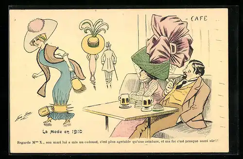 Künstler-AK Xavier Sager: Mann betrachtet eine elegante Dame, La Mode en 1910