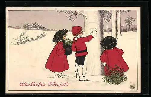 Künstler-AK Pauli Ebner: Kinder suchen am Neujahrstag ein Glücksschwein im Schnee, Glückliches Neujahr!