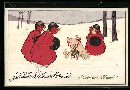 Künstler-AK Pauli Ebner: Kinder finden ein Schwein und Ferkel im Schnee, Glückliches Neujahr!