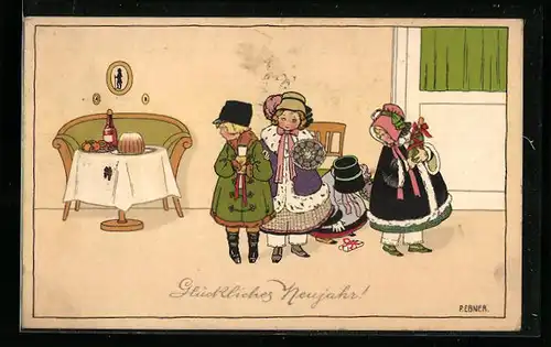 Künstler-AK Pauli Ebner: Kinder gratulieren mit Blumen und Geschenken, Glückliches Neujahr!