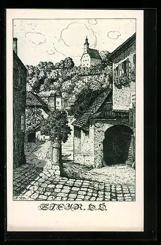 Künstler-AK Ulf Seidl: Steyr, Strassenpartie