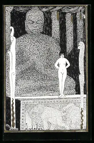 Künstler-AK sign. E. Bornand: Nackte Dame vor Buddha-Statur, Art Deco