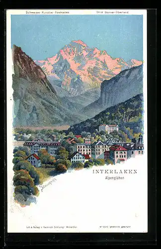 Künstler-AK C. Steinmann Nr. 2040: Interlaken, Ortsansicht im Alpenglühen