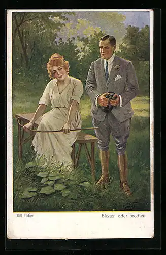 Künstler-AK Bill Fisher: Junge Frau biegt einen Weidenzweig, Biegen oder brechen