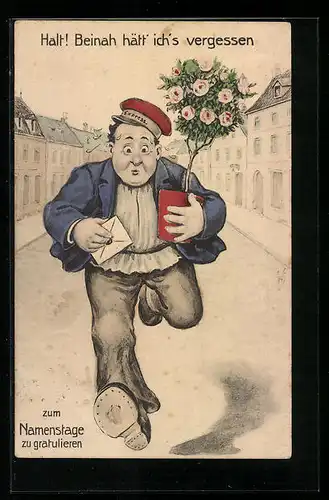 Künstler-AK Willi Scheuermann: Mann hat es eilig, um zum Namenstag zu gratulieren