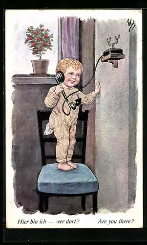 Künstler-AK Willi Scheuermann: Kleiner Junge steht auf einem Stuhl und telefoniert