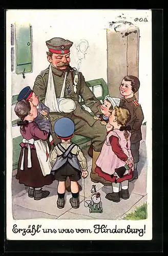 Künstler-AK P. O. Engelhard (P.O.E.): Kinder umringen den verwundeten Soldaten, Erzähl` uns was vom Hindenburg!