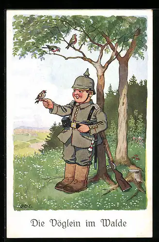 Künstler-AK P. O. Engelhard (P.O.E.): Junger Soldat hält einen Vogel auf der Hand