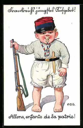 Künstler-AK P. O. Engelhard (P.O.E.): Französisches Kleinkind verkleidet sich als Soldat