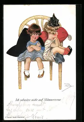 Künstler-AK Chicky Spark: Kleine Mädchen sitzen streitend auf einem Stuhl, Ich schwöre nicht auf Männertreue