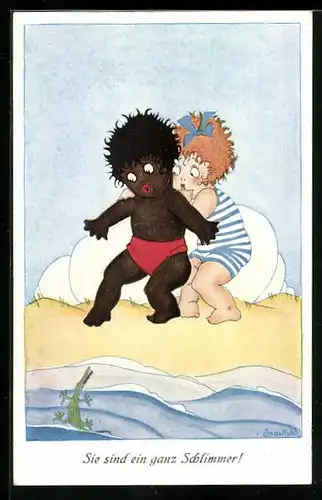 Künstler-AK Chicky Spark: Kinder fürchten sich am Strand vor dem kleinen Krokodil