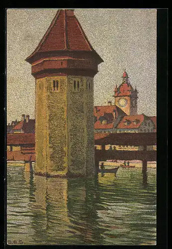 Künstler-AK Ernst E. Schlatter: Wasserturm mit dem Rathaus