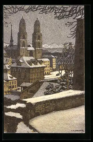 Künstler-AK Ernst E. Schlatter: Zürich, Grossmünster