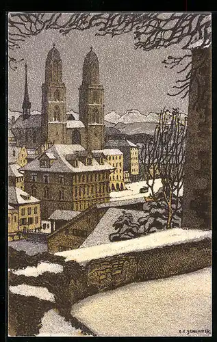 Künstler-AK Ernst E. Schlatter: Zürich, Grossmünster