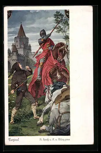 Künstler-AK sign. A. Spiess: Parsival, Ritter im Kampf