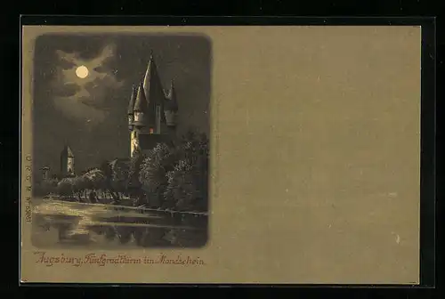 Lithographie Augsburg, Fünfgratturm im Mondschein