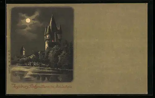 Lithographie Augsburg, Fünfgratturm im Mondschein