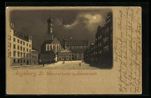 Lithographie Augsburg, St. Ulrichskirche im Mondschein