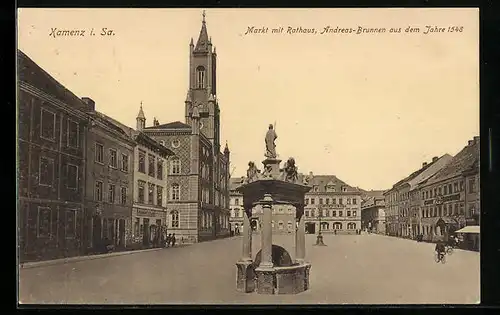 AK Kamenz i. Sa., Markt mit Rathaus, Andreas-Brunnen aus dem Jahre 1548