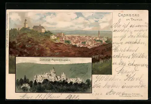 Lithographie Cronberg im Taunus, Ortsansicht, Schloss Friedrichshof