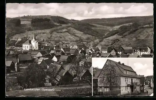 AK Lohrhaupten / Spessart, Ortsansicht aus der Vogelschau, Gasthaus Zum Edelhirsch