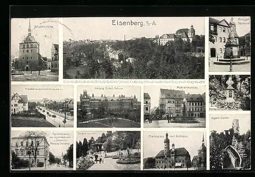 AK Eisenberg / S.-A., Stadtkirche, Kriegerdenkmal, Mohrenbrunnen, Marktplatz mit Rathaus, Geyers Garten