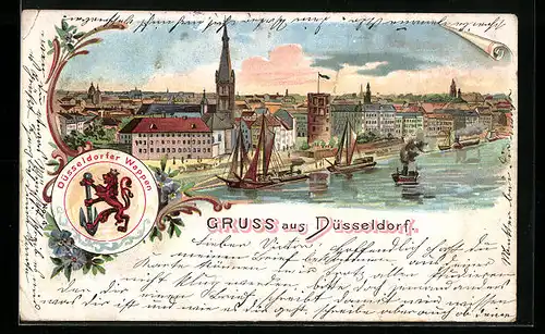 Lithographie Düsseldorf, Panorama, Rheinpartie aus der Vogelschau, Wappen