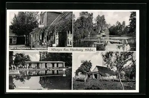 AK Wietzen, Gast- und Geschäftshaus Georg Mühlenfeld, Badeanstalt und Mühlenteich