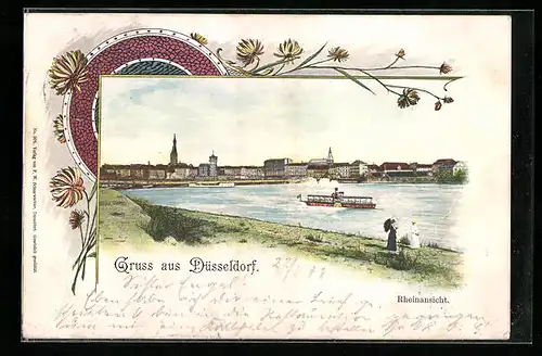 AK Düsseldorf, Rheinansicht mit Dampfer