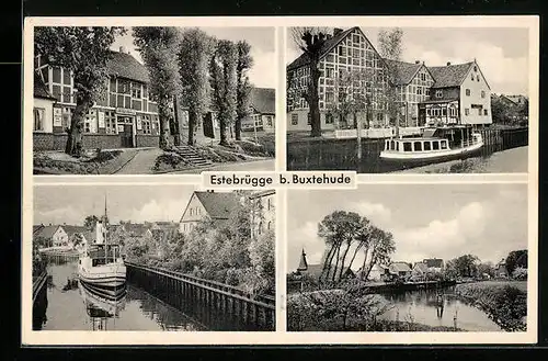 AK Estebrügge b. Buxtehude, Ortspartie, Dampfer im Kanal