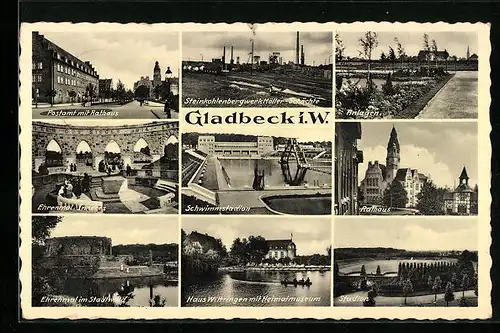 AK Gladbeck i. W., Postamt mit Rathaus, Ehrenmal im Stadtwald, Schwimmstadion, Steinkohlenbergwerk Möller-Schächte