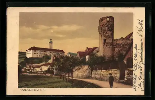 AK Gundelsheim a. N., Stadtmauer mit Turm