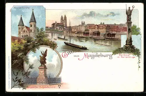 Lithographie Magdeburg, Marienkirche, Denkmal im Herrenkruge, Neustädter Siegesdenkmal, Panorama