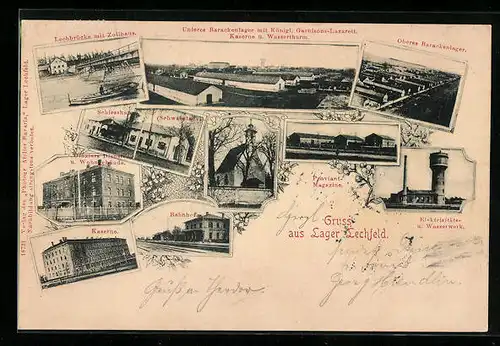 AK Lechfeld, Lager Lechfeld, Barackenlager, Lechbrücke mit Zollhaus, Bahnhof, Kaserne, Proviant-Magazine