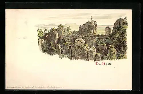 Lithographie Bastei / Sächs. Schweiz, Bastei-Brücke