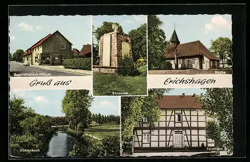 AK Erichshagen, Geschäftshaus Pflüger, Kirche, Mühlenbach und Forsthaus