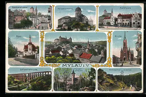 AK Mylau i. V., Kaiserschloss, Marktplatz, Kirche, Post, Göltzschtalbrücke und Ortsansicht aus der Vogelschau