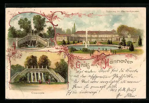 Lithographie Hannover, Schloss in Herrenhausen, Cascade und Grotte