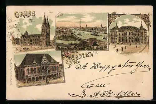 Lithographie Bremen, Dom, Rathaus und Börse, Ortsansicht mit Weserpartie aus der Vogelschau
