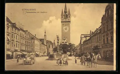 AK Straubing, Theresienplatz mit Stadtturm