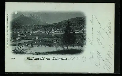 Mondschein-AK Mittenwald, Ortsansicht mit Wetterstein