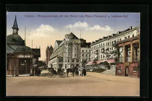 AK Koblenz, Rheinpromenade mit den Hotel zum Riesen-Fürstenhof und Coblenzer Hof