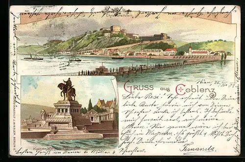 Lithographie Koblenz, Kaiser Wilhelm-Denkmal und Festung Ehrenbreitstein