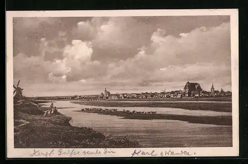 AK Verden / Aller, Ortsansicht mit Windmühle und Kirche