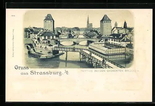 Lithographie Strassburg i. E., Partie bei den gedeckten Brücken