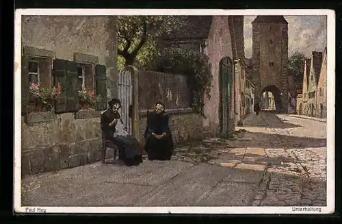 Künstler-AK Paul Hey: Frauen sitzen vor einem Haus, Unterhaltung