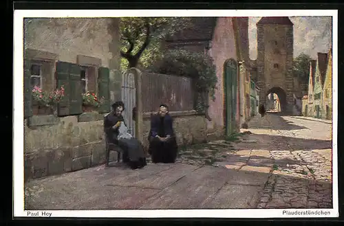 Künstler-AK Paul Hey: Ältere Damen vor einem Haus sitzend beim Plauderstündchen