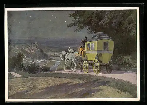 Künstler-AK Paul Hey: Kutsche auf nächtlicher Fahrt