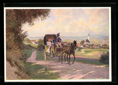 Künstler-AK Paul Hey: Paar mit der Kutsche auf Hochzeitsreise